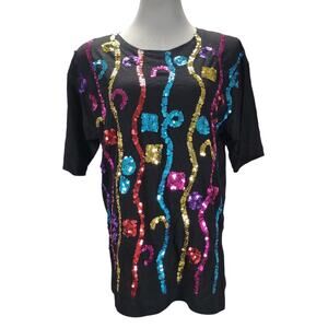 Vtg 80s Carducci Rainbow Sequin Top Size M Black Statement Shoulder Pads Disco